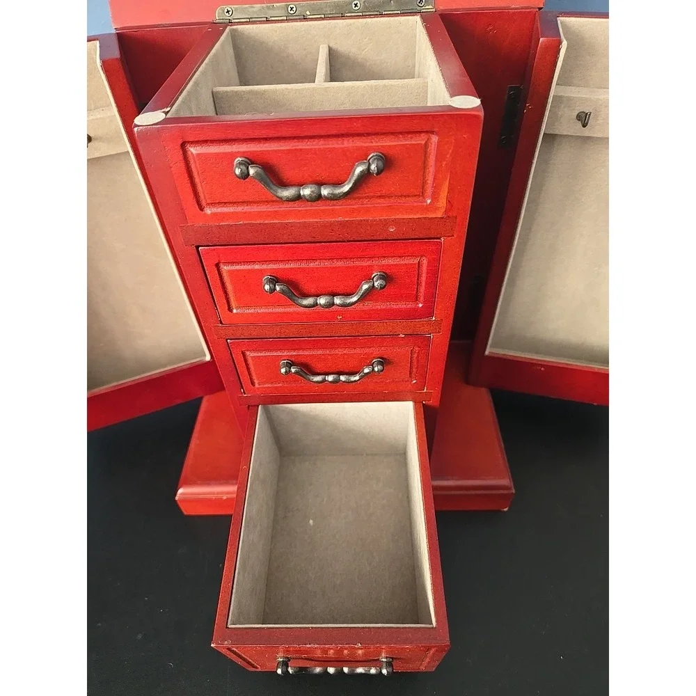 Croft & Barrow Oak Jewelry Box JX7401 Open Top Double Sided 3‎ Drawer Mirror